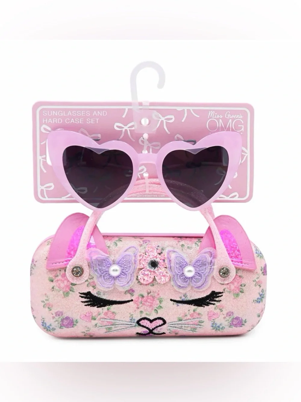 Kids Pink Heart Sunglasses with Floral Cat Hard Case
